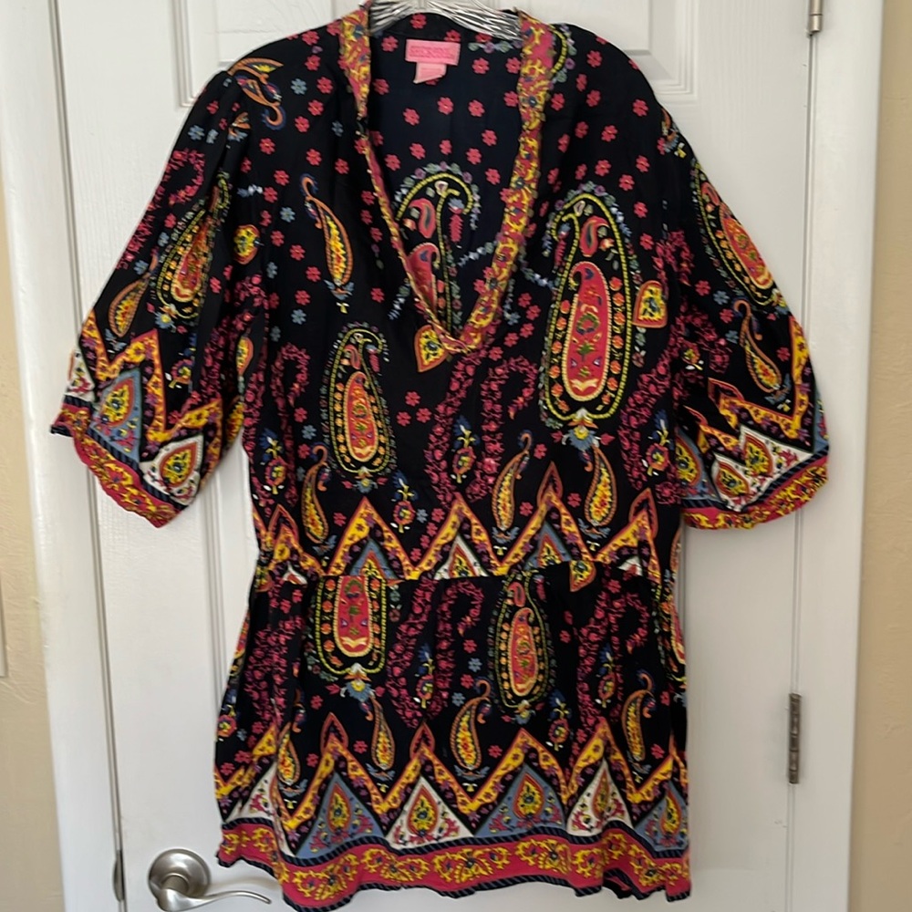 Shes Cool Y2K boho paisley print hippie beach cover up metal heart beads 2X